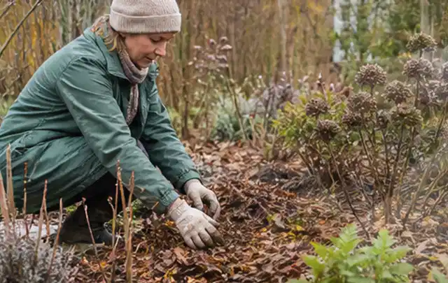 Person verteilt eine schützende Mulchschicht zwischen winterlichen Stauden; Thema Rosen, Schwerpunkt Wachstum; Ausgangslage.