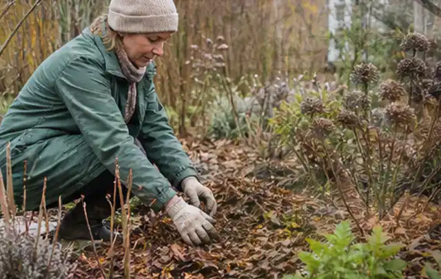 Person verteilt eine schützende Mulchschicht zwischen winterlichen Stauden; Thema Rosen, Schwerpunkt Winterpflege; Ergebnis.