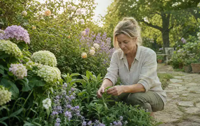 Person pflegt üppige Pflanzen in einem natürlich beleuchteten Garten; Thema Rosen, Schwerpunkt Winterpflege; Praxisalltag.