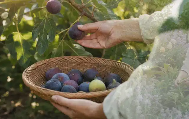 Hand pflückt eine reife Feige über einem flachen Korb mit Früchten; Thema Rosmarin, Schwerpunkt Aussaat; Umsetzung.