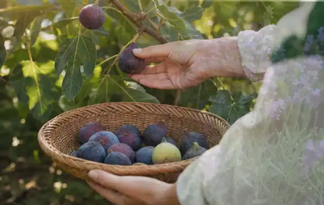 Hand pflückt eine reife Feige über einem flachen Korb mit Früchten; Thema Rosmarin, Schwerpunkt Einsteigerwissen; Umsetzung.