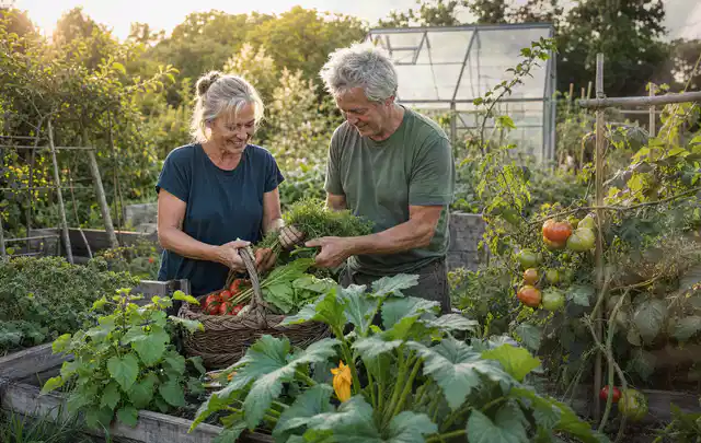 Zwei Personen ernten gemeinsam Gemüse in einem sonnigen Nutzgarten; Thema Rosmarin, Schwerpunkt Ernteprobleme; Ergebnis.