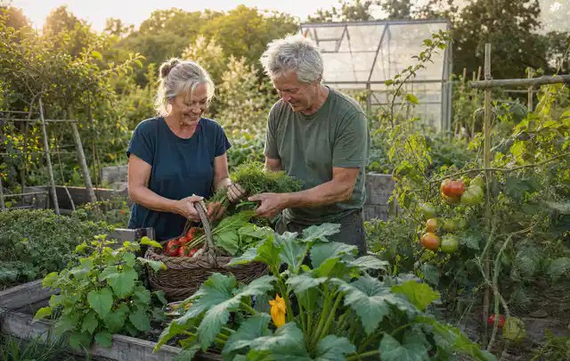 Zwei Personen ernten gemeinsam Gemüse in einem sonnigen Nutzgarten; Thema Rosmarin, Schwerpunkt Hochbeet; Kontrolle.
