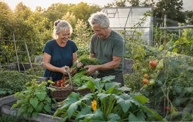 Zwei Personen ernten gemeinsam Gemüse in einem sonnigen Nutzgarten; Thema Rosmarin, Schwerpunkt Pflanzung; Ergebnis.