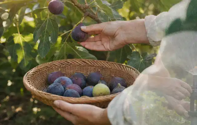 Hand pflückt eine reife Feige über einem flachen Korb mit Früchten; Thema Rosmarin, Schwerpunkt Saisonkalender; Ausgangslage.
