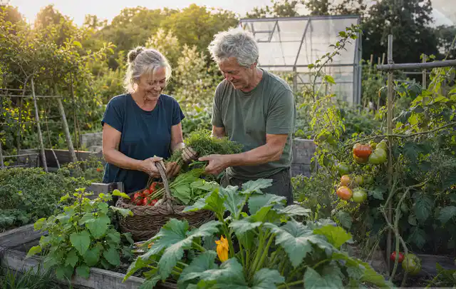 Zwei Personen ernten gemeinsam Gemüse in einem sonnigen Nutzgarten; Thema Rosmarin, Schwerpunkt Saisonkalender; Ergebnis.