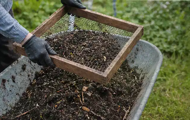 Behandschuhte Hände sieben reifen Kompost über einer Gartenschubkarre; Thema Rosmarin, Schwerpunkt Sortenwahl; Umsetzung.