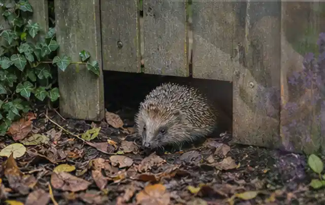 Igel nutzt einen bodennahen Durchgang unter einem hölzernen Gartenzaun; Thema Rostpilze, Schwerpunkt Biologie; Ausgangslage.