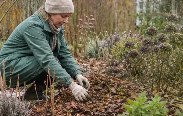 Person verteilt eine schützende Mulchschicht zwischen winterlichen Stauden; Thema Rostpilze, Schwerpunkt Biologie; Ergebnis.