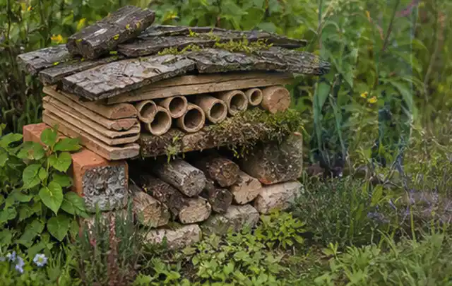 Naturnaher Unterschlupf aus Holz Rinde und Pflanzenstängeln im Garten; Thema Rostpilze, Schwerpunkt Fehlerhilfe; Kontrolle.