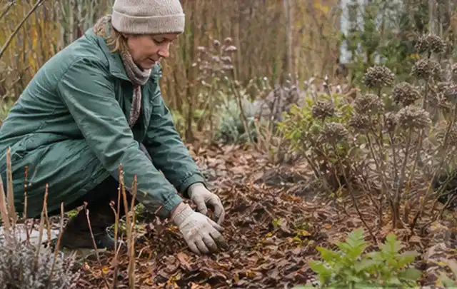 Person verteilt eine schützende Mulchschicht zwischen winterlichen Stauden; Thema Rostpilze, Schwerpunkt Fehlerhilfe; Ergebnis.
