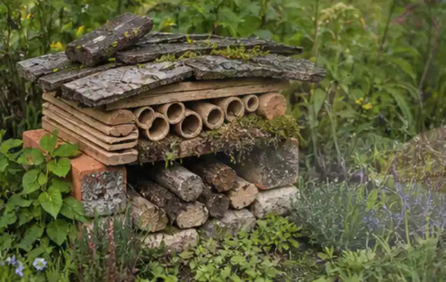 Naturnaher Unterschlupf aus Holz Rinde und Pflanzenstängeln im Garten; Thema Rostpilze, Schwerpunkt Gewächshaus; Ergebnis.