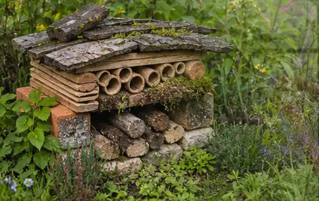 Naturnaher Unterschlupf aus Holz Rinde und Pflanzenstängeln im Garten; Thema Rostpilze, Schwerpunkt Giftfreie Hilfe; Umsetzung.