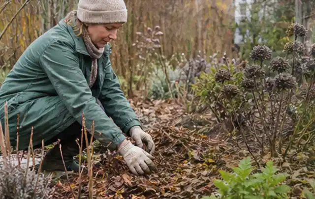 Person verteilt eine schützende Mulchschicht zwischen winterlichen Stauden; Thema Rostpilze, Schwerpunkt Giftfreie Hilfe; Praxisalltag.