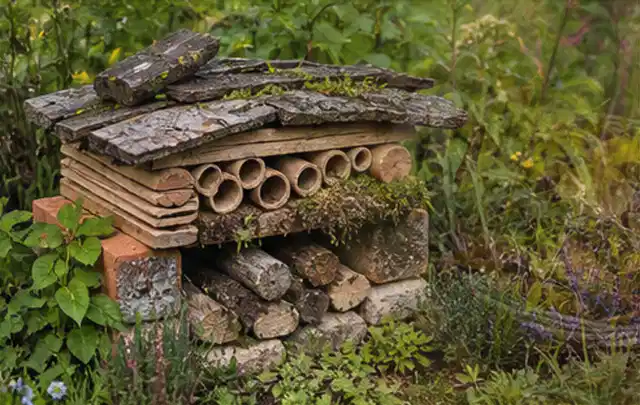 Naturnaher Unterschlupf aus Holz Rinde und Pflanzenstängeln im Garten; Thema Rostpilze, Schwerpunkt Hausmittel; Kontrolle.