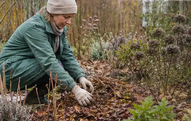 Person verteilt eine schützende Mulchschicht zwischen winterlichen Stauden; Thema Rostpilze, Schwerpunkt Natürliche Bekämpfung; Ausgangslage.