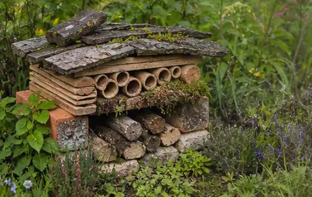 Naturnaher Unterschlupf aus Holz Rinde und Pflanzenstängeln im Garten; Thema Rostpilze, Schwerpunkt Natürliche Bekämpfung; Ergebnis.