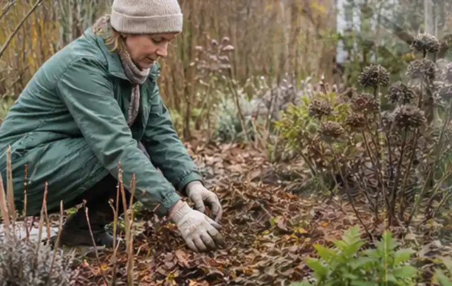 Person verteilt eine schützende Mulchschicht zwischen winterlichen Stauden; Thema Rostpilze, Schwerpunkt Pflanzenhilfe; Ergebnis.