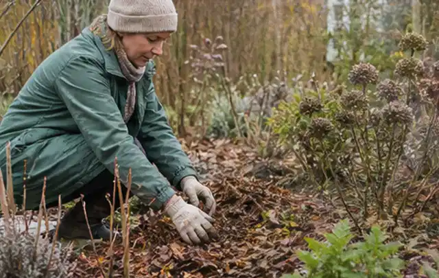 Person verteilt eine schützende Mulchschicht zwischen winterlichen Stauden; Thema Rostpilze, Schwerpunkt Rasenhilfe; Kontrolle.