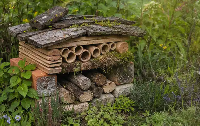 Naturnaher Unterschlupf aus Holz Rinde und Pflanzenstängeln im Garten; Thema Rostpilze, Schwerpunkt Rasenhilfe; Praxisalltag.