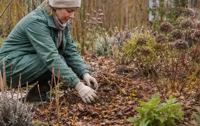 Person verteilt eine schützende Mulchschicht zwischen winterlichen Stauden; Thema Rostpilze, Schwerpunkt Saison; Kontrolle.