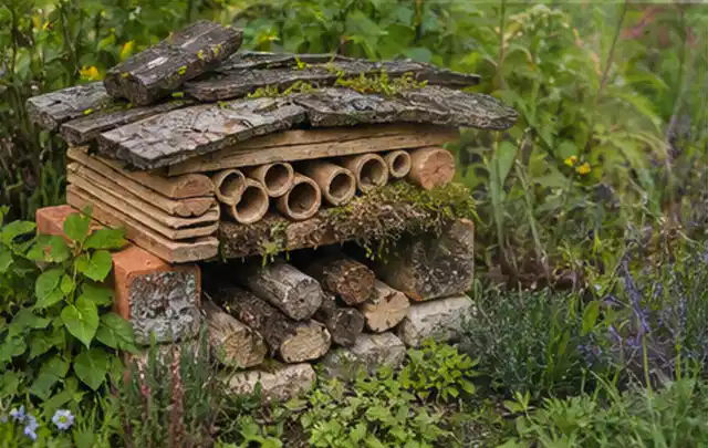 Naturnaher Unterschlupf aus Holz Rinde und Pflanzenstängeln im Garten; Thema Rostpilze, Schwerpunkt Schadbild; Umsetzung.