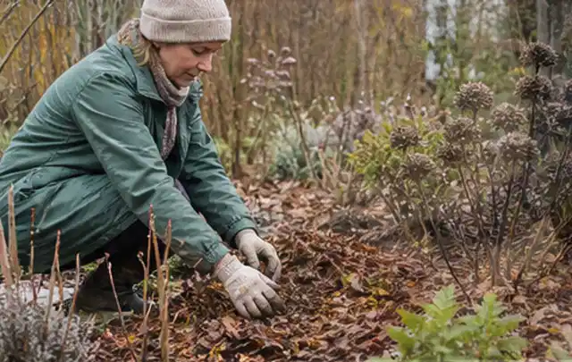 Person verteilt eine schützende Mulchschicht zwischen winterlichen Stauden; Thema Rostpilze, Schwerpunkt Schadbild; Praxisalltag.