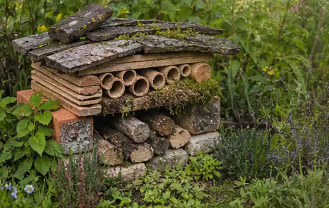 Naturnaher Unterschlupf aus Holz Rinde und Pflanzenstängeln im Garten; Thema Rostpilze, Schwerpunkt Schädlinge Krankheiten; Umsetzung.