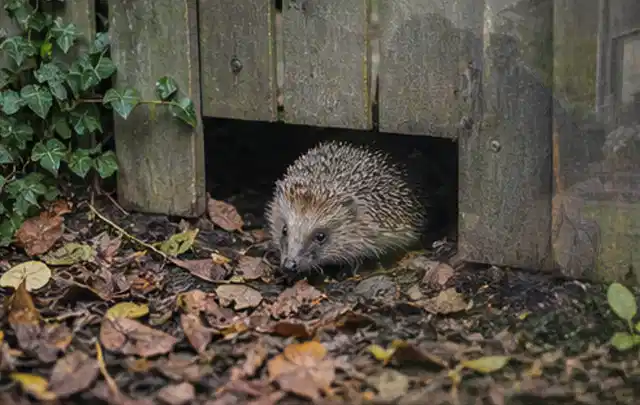 Igel nutzt einen bodennahen Durchgang unter einem hölzernen Gartenzaun; Thema Rostpilze, Schwerpunkt Schädlinge Krankheiten; Kontrolle.