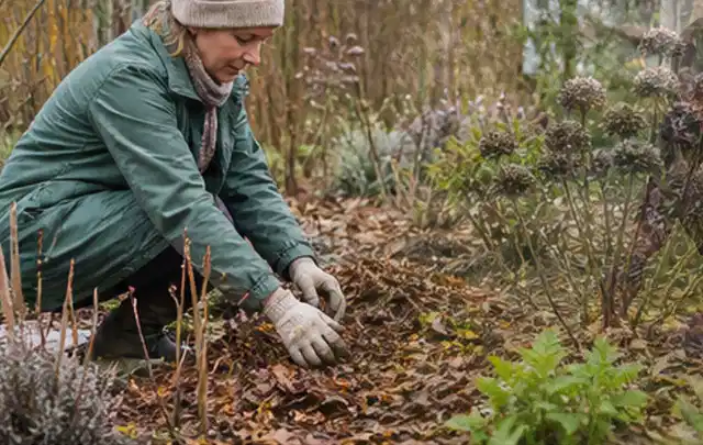 Person verteilt eine schützende Mulchschicht zwischen winterlichen Stauden; Thema Rostpilze, Schwerpunkt Soforthilfe; Umsetzung.