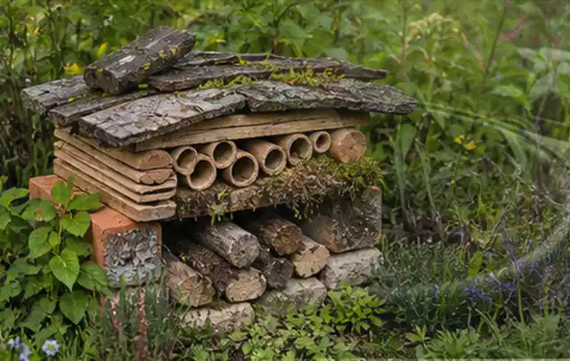 Naturnaher Unterschlupf aus Holz Rinde und Pflanzenstängeln im Garten; Thema Rostpilze, Schwerpunkt Soforthilfe; Ergebnis.