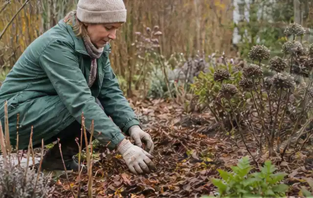 Person verteilt eine schützende Mulchschicht zwischen winterlichen Stauden; Thema Rostpilze, Schwerpunkt Ursachen; Ergebnis.