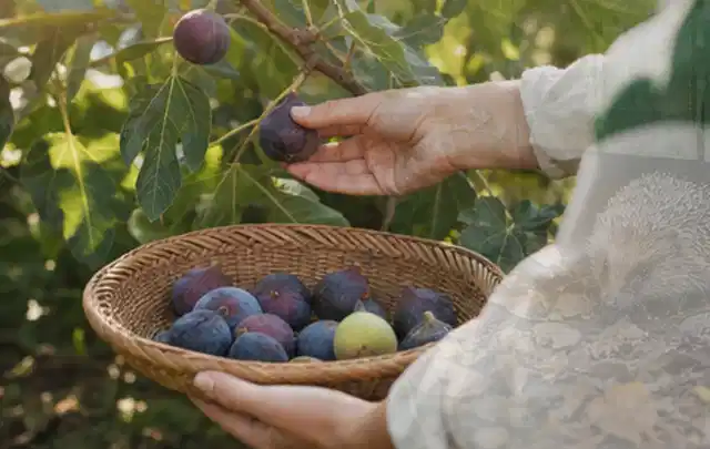 Hand pflückt eine reife Feige über einem flachen Korb mit Früchten; Thema Rote Bete, Schwerpunkt Boden; Ausgangslage.