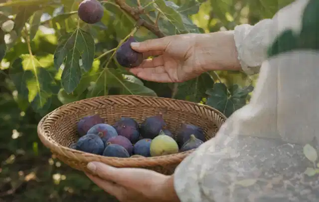 Hand pflückt eine reife Feige über einem flachen Korb mit Früchten; Thema Rote Bete, Schwerpunkt Einsteigerwissen; Ausgangslage.