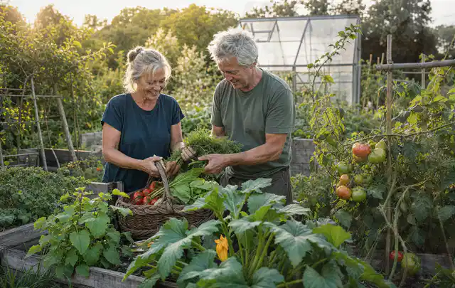 Zwei Personen ernten gemeinsam Gemüse in einem sonnigen Nutzgarten; Thema Rote Bete, Schwerpunkt Einsteigerwissen; Kontrolle.