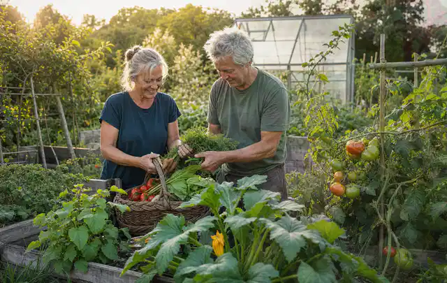 Zwei Personen ernten gemeinsam Gemüse in einem sonnigen Nutzgarten; Thema Rote Bete, Schwerpunkt Ernte; Praxisalltag.