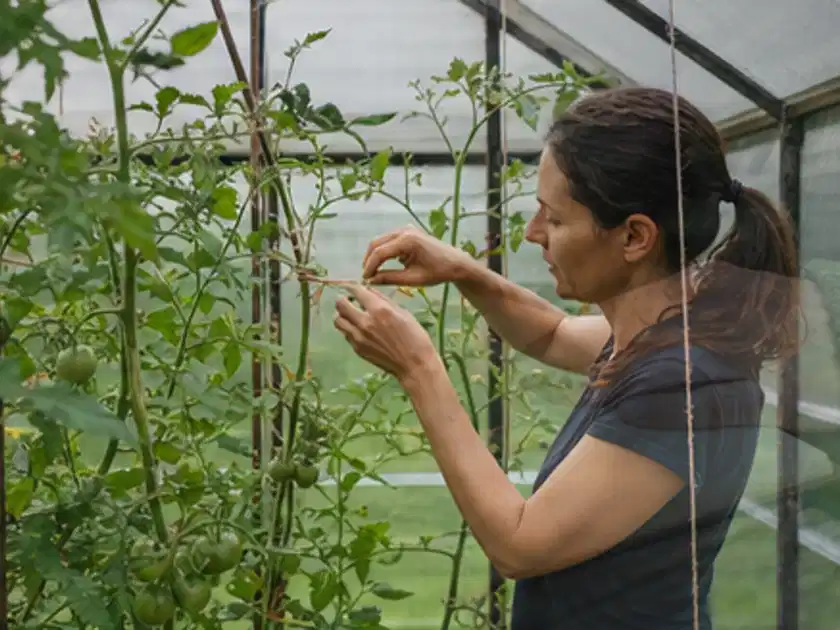Person bindet junge Tomatentriebe in einem privaten Gewächshaus vorsichtig an; Thema Rote Bete, Schwerpunkt Ernteprobleme; Titelbild.