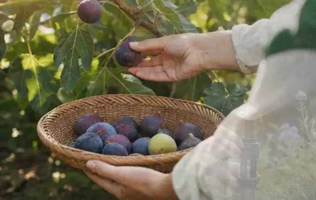 Hand pflückt eine reife Feige über einem flachen Korb mit Früchten; Thema Rote Bete, Schwerpunkt Fehlerhilfe; Ausgangslage.