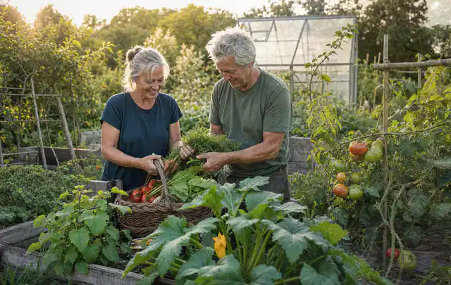 Zwei Personen ernten gemeinsam Gemüse in einem sonnigen Nutzgarten; Thema Rote Bete, Schwerpunkt Fehlerhilfe; Kontrolle.