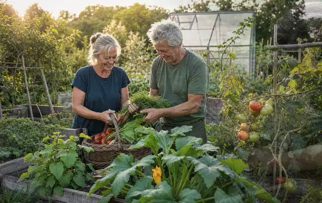 Zwei Personen ernten gemeinsam Gemüse in einem sonnigen Nutzgarten; Thema Rote Bete, Schwerpunkt Hochbeet; Ergebnis.