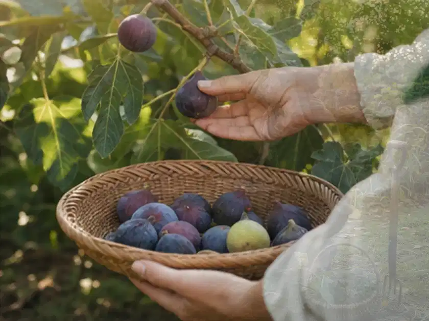 Hand pflückt eine reife Feige über einem flachen Korb mit Früchten; Thema Rote Bete, Schwerpunkt Lagerung; Titelbild.