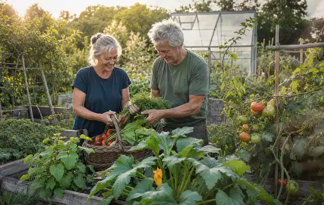 Zwei Personen ernten gemeinsam Gemüse in einem sonnigen Nutzgarten; Thema Rote Bete, Schwerpunkt Pflanzenschutz; Praxisalltag.