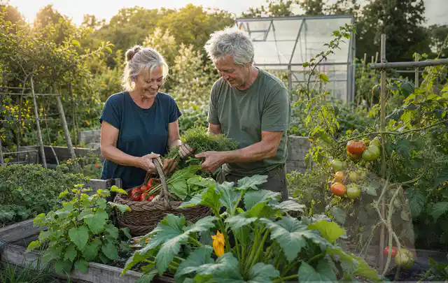 Zwei Personen ernten gemeinsam Gemüse in einem sonnigen Nutzgarten; Thema Rote Bete, Schwerpunkt Saisonkalender; Umsetzung.