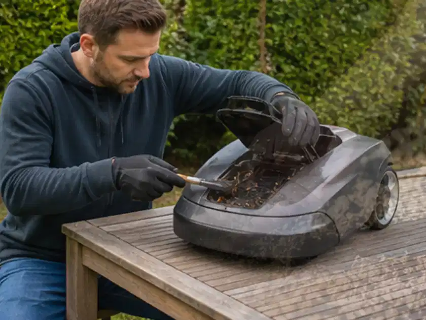 Person wartet einen geöffneten Mähroboter auf einem stabilen Gartentisch; Thema RTK Mähroboter, Schwerpunkt Bestenliste; Titelbild.