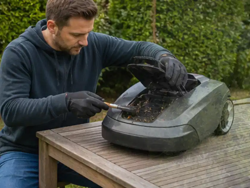 Person wartet einen geöffneten Mähroboter auf einem stabilen Gartentisch; Thema RTK Mähroboter, Schwerpunkt Checkliste; Titelbild.