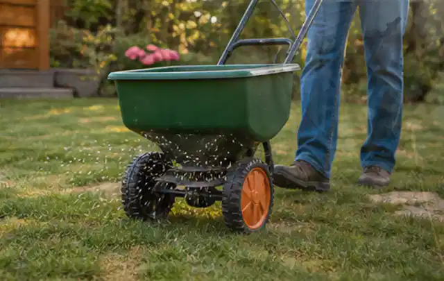 Person verteilt Rasensamen mit einem Streuwagen auf einer lückigen Fläche; Thema RTK Mähroboter, Schwerpunkt Checkliste; Ergebnis.