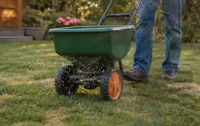 Person verteilt Rasensamen mit einem Streuwagen auf einer lückigen Fläche; Thema RTK Mähroboter, Schwerpunkt Dimensionierung; Ausgangslage.