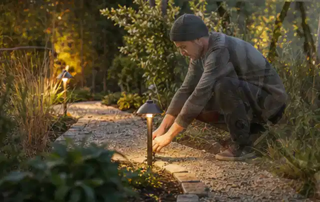 Person richtet eine niedrige warm leuchtende Gartenlampe am Kiesweg aus; Thema RTK Mähroboter, Schwerpunkt Dimensionierung; Praxisalltag.
