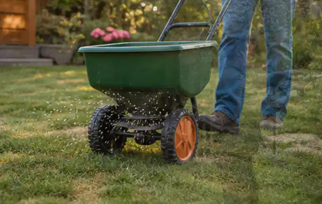 Person verteilt Rasensamen mit einem Streuwagen auf einer lückigen Fläche; Thema RTK Mähroboter, Schwerpunkt Ersatzteile; Praxisalltag.