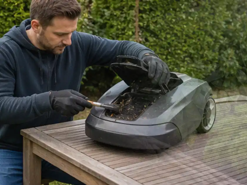 Person wartet einen geöffneten Mähroboter auf einem stabilen Gartentisch; Thema RTK Mähroboter, Schwerpunkt Fehlerhilfe; Titelbild.